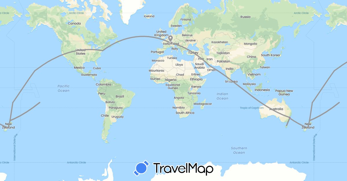 TravelMap itinerary: driving, plane, train in United Arab Emirates, Australia, Switzerland, Fiji, New Zealand, French Polynesia, United States (Asia, Europe, North America, Oceania)